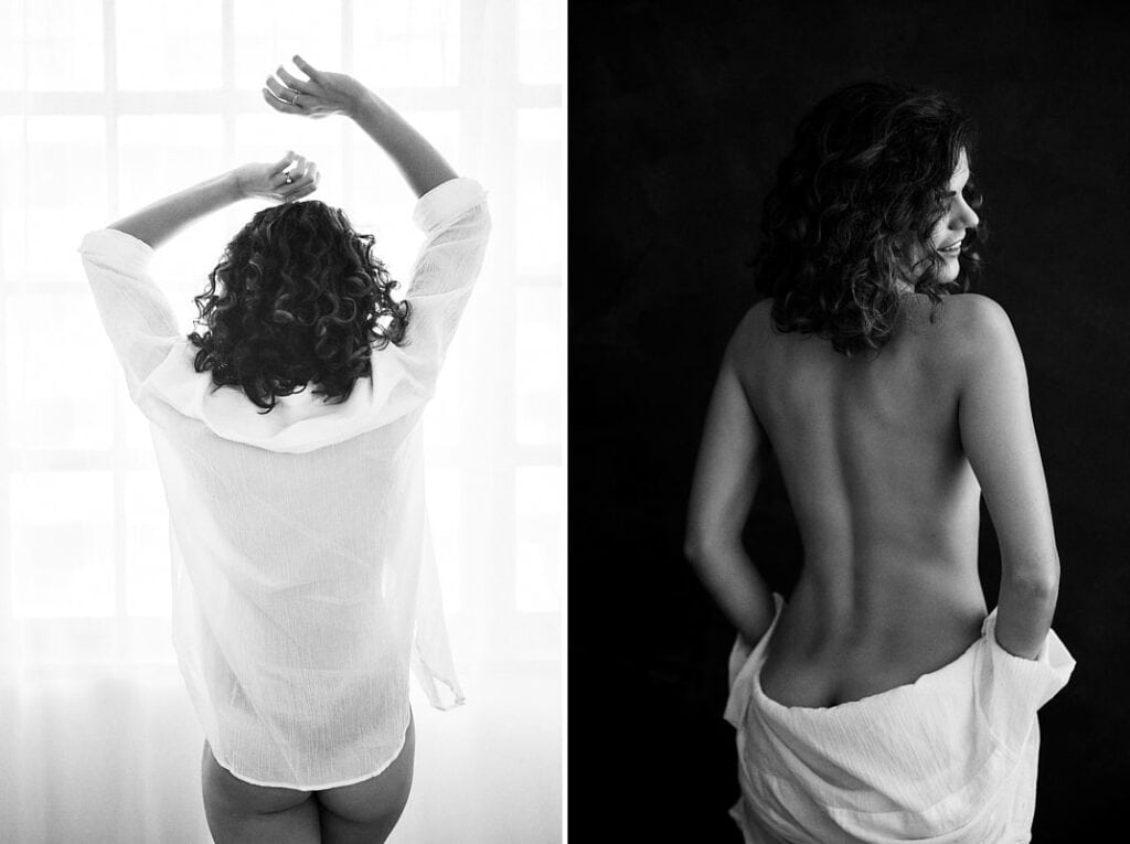 Boudoir photography of an anonymous woman with brown, curly hair in a white shirt in studio in Cape Town, South Africa