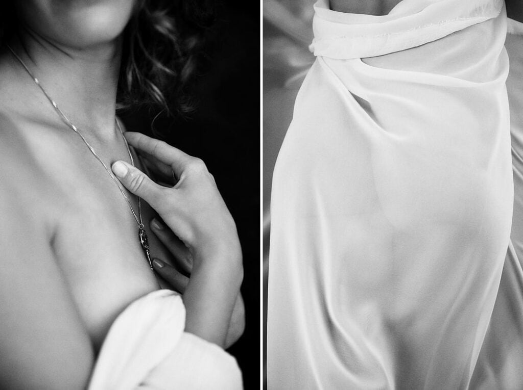 Boudoir photography of an anonymous woman with brown, curly hair wrapped in a white sheet in studio in Cape Town, South Africa