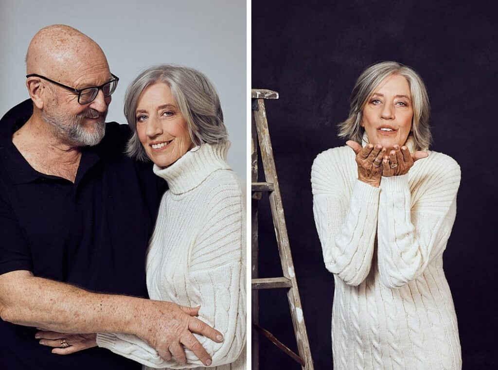 Personal branding photography of a woman and her husband in their 60's. The woman has grey hair and is dressed in a white, knitted dress and the man is dressed in all black. Shot in studio in Cape Town, South Africa
