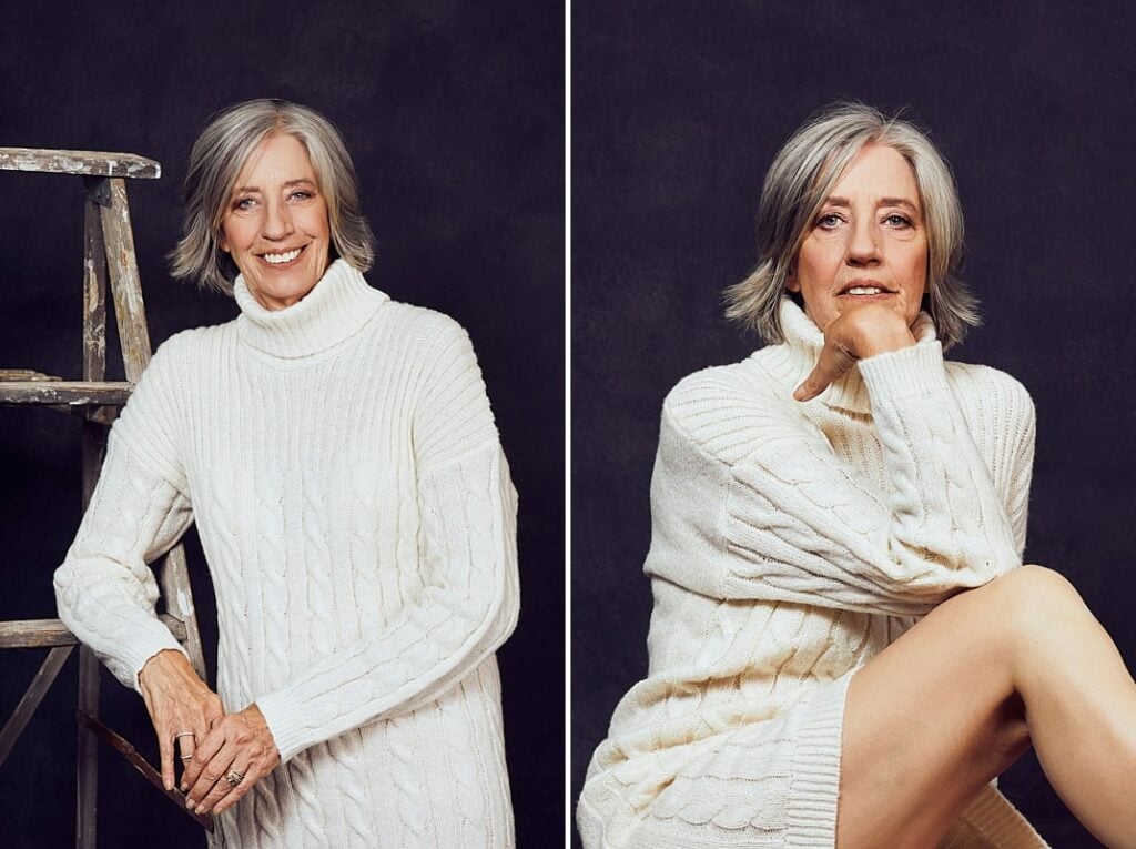 Personal branding photography of a woman in her 60's with grey hair dressed in a white, knitted dress in studio in Cape Town, South Africa