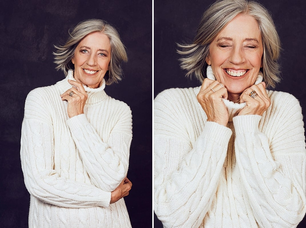 Legacy portrait photography of a woman in her 60's with grey hair dressed in a white, knitted dress in studio in Cape Town, South Africa