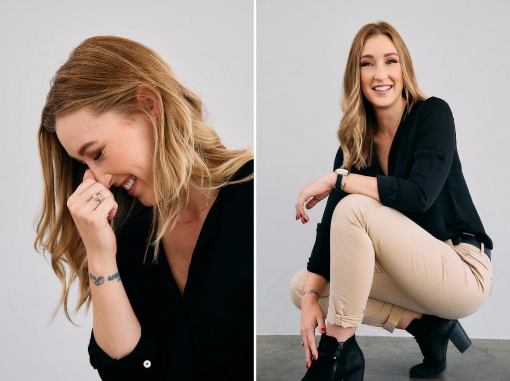 Woman with blonde hair, a black shirt and beige pants crouching down poses for a personal branding portrait
