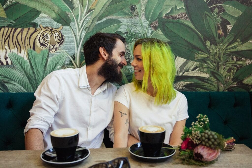 Elopement photography of a rock n roll, quirky bride and groom in a coffee shop in Paarl, Western Cape, South Africa