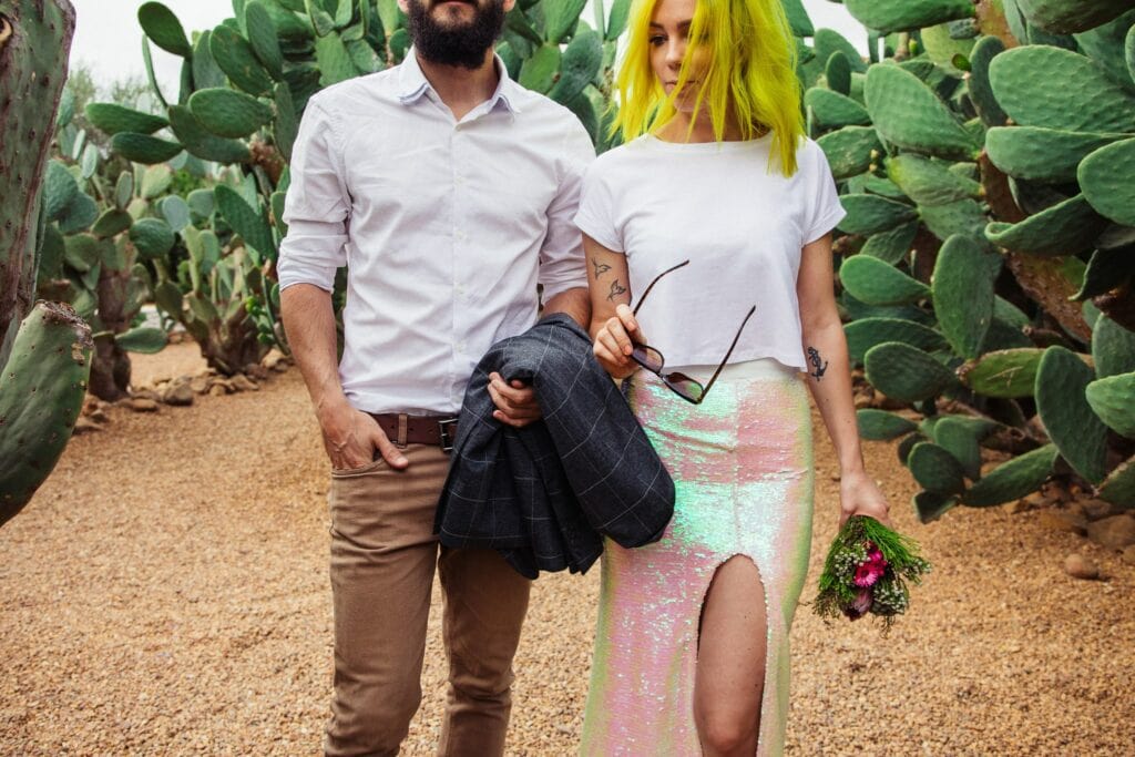 Elopement photography of a rock n roll, quirky bride and groom in a garden of cacti in Cape Town, South Africa