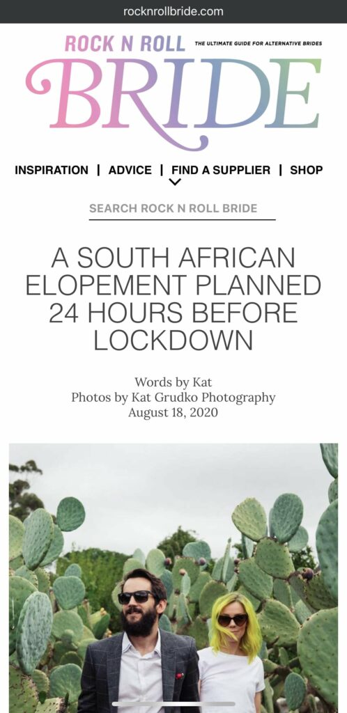 Rock n Roll Bride article of elopement photography of a quirky bride and groom in a garden of cacti in Cape Town, South Africa